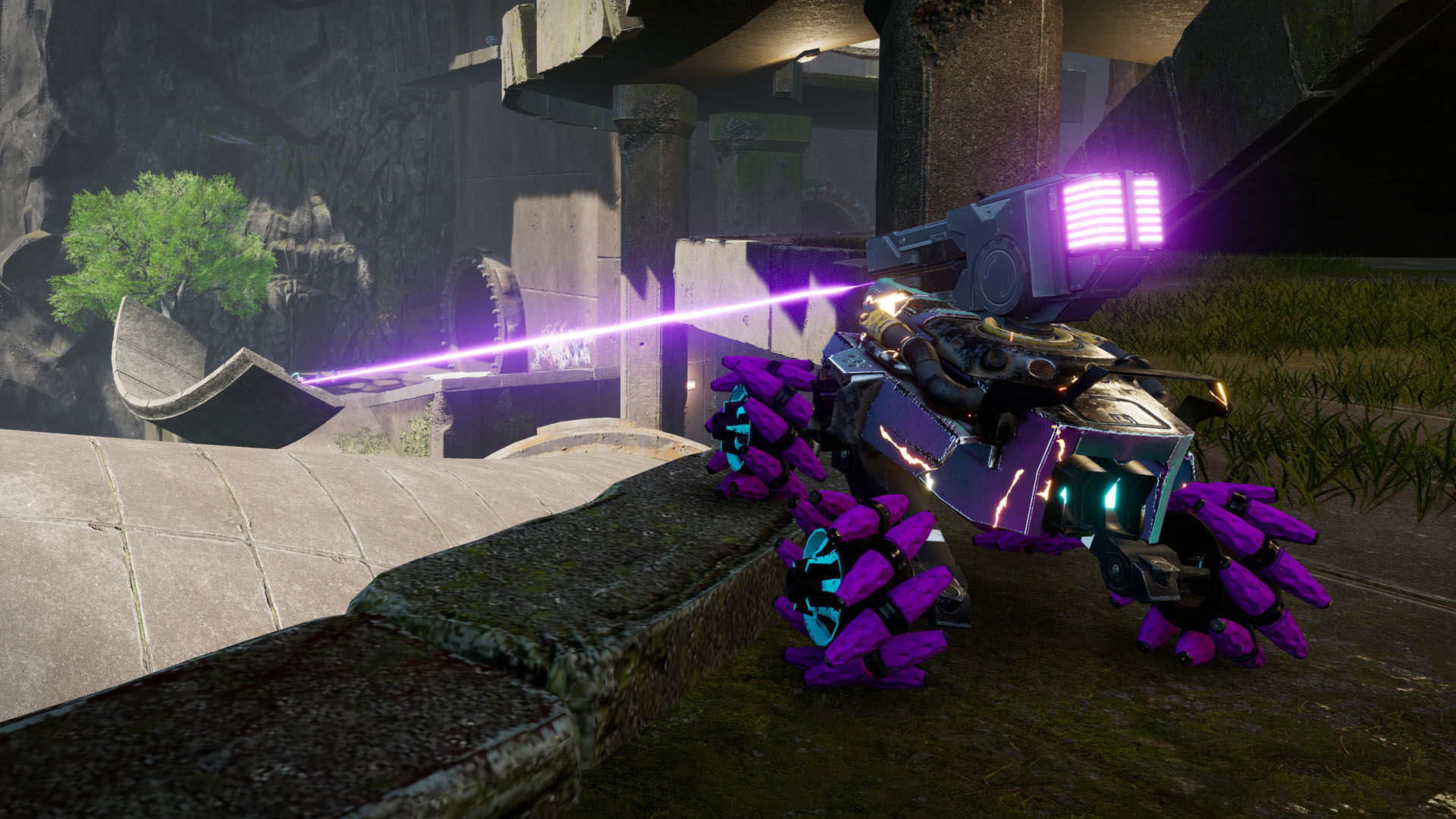 Game screenshot of a purple vehicle firing a lazer type weapon